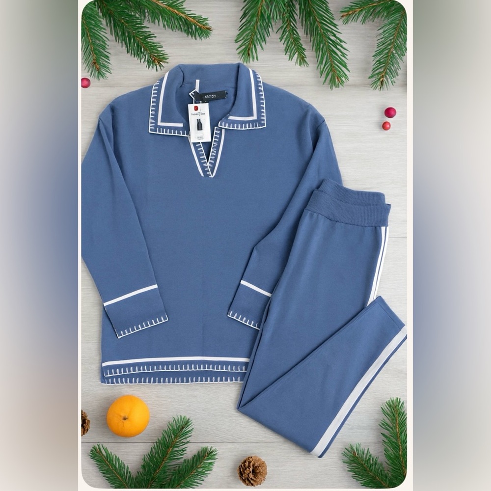 Zesica Blue Long Sleeve Top with White Trim with matching pants